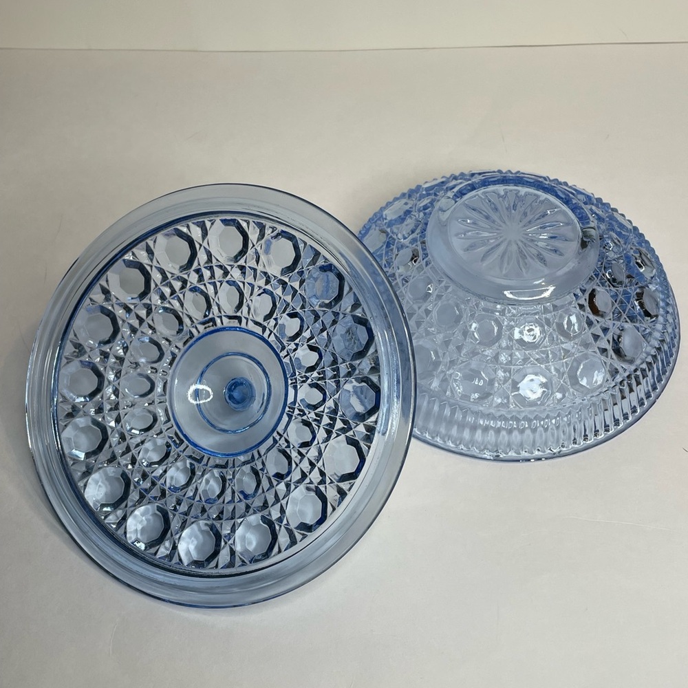 Vintage Indiana Blue Carnival Glass Iridescent Windsor Pattern Candy Dish W/Lid - Picture 4 of 6
